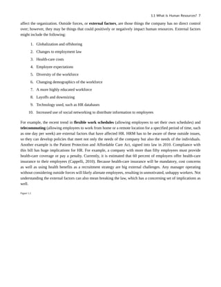 affect the organization. Outside forces, or external factors, are those things the company has no direct control
over; however, they may be things that could positively or negatively impact human resources. External factors
might include the following:
1. Globalization and offshoring
2. Changes to employment law
3. Health-care costs
4. Employee expectations
5. Diversity of the workforce
6. Changing demographics of the workforce
7. A more highly educated workforce
8. Layoffs and downsizing
9. Technology used, such as HR databases
10. Increased use of social networking to distribute information to employees
For example, the recent trend in flexible work schedules (allowing employees to set their own schedules) and
telecommuting (allowing employees to work from home or a remote location for a specified period of time, such
as one day per week) are external factors that have affected HR. HRM has to be aware of these outside issues,
so they can develop policies that meet not only the needs of the company but also the needs of the individuals.
Another example is the Patient Protection and Affordable Care Act, signed into law in 2010. Compliance with
this bill has huge implications for HR. For example, a company with more than fifty employees must provide
health-care coverage or pay a penalty. Currently, it is estimated that 60 percent of employers offer health-care
insurance to their employees (Cappelli, 2010). Because health-care insurance will be mandatory, cost concerns
as well as using health benefits as a recruitment strategy are big external challenges. Any manager operating
without considering outside forces will likely alienate employees, resulting in unmotivated, unhappy workers. Not
understanding the external factors can also mean breaking the law, which has a concerning set of implications as
well.
Figure 1.2
1.1 What Is Human Resources? 7
 