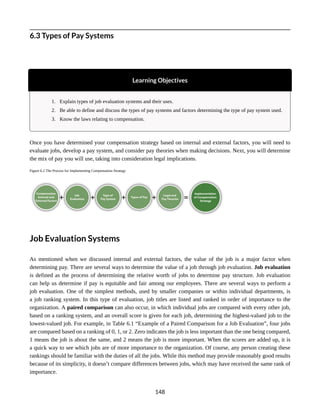 6.3 Types of Pay Systems
Learning Objectives
1. Explain types of job evaluation systems and their uses.
2. Be able to define and discuss the types of pay systems and factors determining the type of pay system used.
3. Know the laws relating to compensation.
Once you have determined your compensation strategy based on internal and external factors, you will need to
evaluate jobs, develop a pay system, and consider pay theories when making decisions. Next, you will determine
the mix of pay you will use, taking into consideration legal implications.
Figure 6.2 The Process for Implementing Compensation Strategy
Job Evaluation Systems
As mentioned when we discussed internal and external factors, the value of the job is a major factor when
determining pay. There are several ways to determine the value of a job through job evaluation. Job evaluation
is defined as the process of determining the relative worth of jobs to determine pay structure. Job evaluation
can help us determine if pay is equitable and fair among our employees. There are several ways to perform a
job evaluation. One of the simplest methods, used by smaller companies or within individual departments, is
a job ranking system. In this type of evaluation, job titles are listed and ranked in order of importance to the
organization. A paired comparison can also occur, in which individual jobs are compared with every other job,
based on a ranking system, and an overall score is given for each job, determining the highest-valued job to the
lowest-valued job. For example, in Table 6.1 “Example of a Paired Comparison for a Job Evaluation”, four jobs
are compared based on a ranking of 0, 1, or 2. Zero indicates the job is less important than the one being compared,
1 means the job is about the same, and 2 means the job is more important. When the scores are added up, it is
a quick way to see which jobs are of more importance to the organization. Of course, any person creating these
rankings should be familiar with the duties of all the jobs. While this method may provide reasonably good results
because of its simplicity, it doesn’t compare differences between jobs, which may have received the same rank of
importance.
148
 