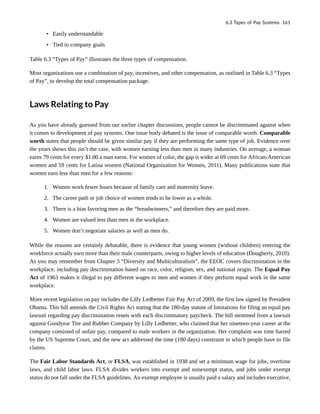 • Easily understandable
• Tied to company goals
Table 6.3 “Types of Pay” illustrates the three types of compensation.
Most organizations use a combination of pay, incentives, and other compensation, as outlined in Table 6.3 “Types
of Pay”, to develop the total compensation package.
Laws Relating to Pay
As you have already guessed from our earlier chapter discussions, people cannot be discriminated against when
it comes to development of pay systems. One issue hotly debated is the issue of comparable worth. Comparable
worth states that people should be given similar pay if they are performing the same type of job. Evidence over
the years shows this isn’t the case, with women earning less than men in many industries. On average, a woman
earns 79 cents for every $1.00 a man earns. For women of color, the gap is wider at 69 cents for African-American
women and 59 cents for Latina women (National Organization for Women, 2011). Many publications state that
women earn less than men for a few reasons:
1. Women work fewer hours because of family care and maternity leave.
2. The career path or job choice of women tends to be lower as a whole.
3. There is a bias favoring men as the “breadwinners,” and therefore they are paid more.
4. Women are valued less than men in the workplace.
5. Women don’t negotiate salaries as well as men do.
While the reasons are certainly debatable, there is evidence that young women (without children) entering the
workforce actually earn more than their male counterparts, owing to higher levels of education (Dougherty, 2010).
As you may remember from Chapter 3 “Diversity and Multiculturalism”, the EEOC covers discrimination in the
workplace, including pay discrimination based on race, color, religion, sex, and national origin. The Equal Pay
Act of 1963 makes it illegal to pay different wages to men and women if they perform equal work in the same
workplace.
More recent legislation on pay includes the Lilly Ledbetter Fair Pay Act of 2009, the first law signed by President
Obama. This bill amends the Civil Rights Act stating that the 180-day statute of limitations for filing an equal pay
lawsuit regarding pay discrimination resets with each discriminatory paycheck. The bill stemmed from a lawsuit
against Goodyear Tire and Rubber Company by Lilly Ledbetter, who claimed that her nineteen-year career at the
company consisted of unfair pay, compared to male workers in the organization. Her complaint was time barred
by the US Supreme Court, and the new act addressed the time (180 days) constraint in which people have to file
claims.
The Fair Labor Standards Act, or FLSA, was established in 1938 and set a minimum wage for jobs, overtime
laws, and child labor laws. FLSA divides workers into exempt and nonexempt status, and jobs under exempt
status do not fall under the FLSA guidelines. An exempt employee is usually paid a salary and includes executive,
6.3 Types of Pay Systems 161
 