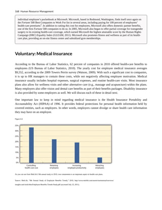 individual employee’s pocketbook at Microsoft. Microsoft, based in Redmond, Washington, finds itself once again on
the Fortune 500 Best Companies to Work For list in several areas, including paying for 100 percent of employees’
health-care premiums1
. In addition to cutting this cost for employees, Microsoft also offers domestic partner benefits,
one of the first Fortune 500 companies to do so. In 2005, Microsoft also began to offer partial coverage for transgender
surgery to its existing health-care coverage, which earned Microsoft the highest attainable score by the Human Rights
Campaign (HRC) Equality Index (GLEAM, 2011). Microsoft also promotes fitness and wellness as part of its health-
care plan, providing an on-site fitness center and subsidized gym memberships.
Voluntary: Medical Insurance
According to the Bureau of Labor Statistics, 62 percent of companies in 2010 offered health-care benefits to
employees (US Bureau of Labor Statistics, 2010). The yearly cost for employee medical insurance averages
$9,552, according to the 2009 Towers Perrin survey (Watson, 2009). With such a significant cost to companies,
it is up to HR managers to contain these costs, while not negatively affecting employee motivation. Medical
insurance usually includes hospital expenses, surgical expenses, and routine health-care visits. Most insurance
plans also allow for wellness visits and other alternative care (e.g., massage and acupuncture) within the plans.
Many employers also offer vision and dental care benefits as part of their benefits packages. Disability insurance
is also provided by some employers as well. We will discuss each of these in detail next.
One important law to keep in mind regarding medical insurance is the Health Insurance Portability and
Accountability Act (HIPAA) of 1996. It provides federal protections for personal health information held by
covered entities, such as employers. In other words, employers cannot divulge or share health care information
they may have on an employee.
Figure 6.6
As you can see from MetLife’s 9th annual study in 2010, cost containment is an important aspect to health-care plans.
Source: MetLife, “9th Annual Study of Employee Benefits Trends,” 2010, http://www.metlife.com/assets/institutional/services/
insights-and-tools/ebts/Employee-Benefits-Trends-Study.pdf (accessed July 23, 2011).
168 Human Resource Management
 