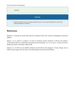 workloads.
Exercise
1. Perform an Internet search of average employee turnover cost and report findings from at least three
different industries or companies.
References
Branham, L., Keeping the People Who Keep You in Business (New York: American Management Association,
2000), 6.
Maertz, C. P. Jr. and M. A. Campion, “25 Years of Voluntary Turnover Research: A Review and Critique,”
in International Review of Industrial and Organizational Psychology, vol. 13, ed. Cary L. Cooper and Ivan T.
Robertson (London: John Wiley, 1998), 49–86.
Paiement, N., “It Will Cost You $4,000 to Replace Just One $8 per Hour Employee,” Charity Village, July 13,
2009, accessed August 30, 2011, http://www.charityvillage.com/cv/research/rhr50.html.
186 Human Resource Management
 