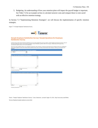 5. Budgeting. An understanding of how your retention plans will impact the payroll budget is important.
See Video 7.2 for an example on how to calculate turnover costs and compare those to costs saved
with an effective retention strategy.
In Section 7.3 “Implementing Retention Strategies”, we will discuss the implementation of specific retention
strategies.
Figure 7.7 A Sample Employee Satisfaction Survey
Source: “Sample Employee Satisfaction Surveys,” Zarca Interactive, accessed August 18, 2011, http://www.zarca.com/Online-
Surveys-Employee/sample-employee-surveys.html.
7.2 Retention Plans 195
 