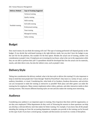 Delivery Method Type of Training Suggested
Vestibule training
Technical training
Quality training
Skills training
Soft skills training
Professional training
Team training
Managerial training
Safety training
Budget
How much money do you think the training will cost? The type of training performed will depend greatly on the
budget. If you decide that web-based training is the right delivery mode, but you don’t have the budget to pay
the user fee for the platform, this wouldn’t be the best option. Besides the actual cost of training, another cost
consideration is people’s time. If employees are in training for two hours, what is the cost to the organization while
they are not able to perform their job? A spreadsheet should be developed that lists the actual cost for materials,
snacks, and other direct costs, but also the indirect costs, such as people’s time.
Delivery Style
Taking into consideration the delivery method, what is the best style to deliver this training? It’s also important to
keep in mind that most people don’t learn through “death by PowerPoint”; they learn in a variety of ways, such as
auditory, kinesthetic, or visual. Considering this, what kinds of ice breakers, breakout discussions, and activities
can you incorporate to make the training as interactive as possible? Role plays and other games can make the
training fun for employees. Many trainers implement online videos, podcasts, and other interactive media in their
training sessions. This ensures different learning styles are met and also makes the training more interesting.
Audience
Considering your audience is an important aspect to training. How long have they been with the organization, or
are they new employees? What departments do they work in? Knowing the answers to these questions can help
you develop a relevant delivery style that makes for better training. For example, if you know that all the people
attending the training are from the accounting department, examples you provide in the training can be focused
on this type of job. If you have a mixed group, examples and discussions can touch on a variety of disciplines.
242 Human Resource Management
 