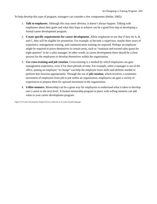 To help develop this type of program, managers can consider a few components (Heller, 2005):
1. Talk to employees. Although this may seem obvious, it doesn’t always happen. Talking with
employees about their goals and what they hope to achieve can be a good first step in developing a
formal career development program.
2. Create specific requirements for career development. Allow employees to see that if they do A, B,
and C, they will be eligible for promotion. For example, to become a supervisor, maybe three years of
experience, management training, and communication training are required. Perhaps an employee
might be required to prove themselves in certain areas, such as “maintain and exceed sales quota for
eight quarters” to be a sales manager. In other words, in career development there should be a clear
process for the employees to develop themselves within the organization.
3. Use cross-training and job rotation. Cross-training is a method by which employees can gain
management experience, even if for short periods of time. For example, when a manager is out of the
office, putting an employee “in charge” can help the employee learn skills and abilities needed to
perform that function appropriately. Through the use of job rotation, which involves a systematic
movement of employees from job to job within an organization, employees can gain a variety of
experiences to prepare them for upward movement in the organization.
4. Utilize mentors. Mentorship can be a great way for employees to understand what it takes to develop
one’s career to the next level. A formal mentorship program in place with willing mentees can add
value to your career development program.
Figure 8.10 Career Development Sample Process to Become an Accounts Payable Manager
8.4 Designing a Training Program 249
 