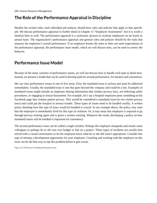 The Role of the Performance Appraisal in Discipline
Besides the written rules, each individual job analysis should have rules and policies that apply to that specific
job. We discuss performance appraisal in further detail in Chapter 11 “Employee Assessment”, but it is worth a
mention here as well. The performance appraisal is a systematic process to evaluate employees on (at least) an
annual basis. The organization’s performance appraisal and general rules and policies should be the tools that
measure the employee’s overall performance. If an employee breaks the rules or does not meet expectations of
the performance appraisal, the performance issue model, which we will discuss next, can be used to correct the
behavior.
Performance Issue Model
Because of the many varieties of performance issues, we will not discuss how to handle each type in detail here.
Instead, we present a model that can be used to develop policies around performance, for fairness and consistency.
We can view performance issues in one of five areas. First, the mandated issue is serious and must be addressed
immediately. Usually, the mandated issue is one that goes beyond the company and could be a law. Examples of
mandated issues might include an employee sharing information that violates privacy laws, not following safety
procedures, or engaging in sexual harassment. For example, let’s say a hospital employee posts something on his
Facebook page that violates patient privacy. This would be considered a mandated issue (to not violate privacy
laws) and could put the hospital in serious trouble. These types of issues need to be handled swiftly. A written
policy detailing how this type of issue would be handled is crucial. In our example above, the policy may state
that the employee is immediately fired for this type of violation. Or, it may mean this employee is required to go
through privacy training again and is given a written warning. Whatever the result, developing a policy on how
mandated issues will be handled is important for consistency.
The second performance issue can be called a single incident. Perhaps the employee misspeaks and insults some
colleagues or perhaps he or she was over budget or late on a project. These types of incidents are usually best
solved with a casual conversation to let the employee know what he or she did wasn’t appropriate. Consider this
type of misstep a development opportunity for your employee. Coaching and working with the employee on this
issue can be the best way to nip this problem before it gets worse.
Figure 10.1 The Process for Handling Performance Issues
284 Human Resource Management
 
