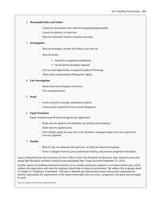 2. Reasonable Rules and Orders
◦ Cannot be inconsistent with collective bargaining agreement(s)
◦ Cannot be arbitrary or capricious
◦ Must be reasonably related to business necessity
3. Investigation
◦ Must be thorough; consider all evidence, pro and con.
◦ Must be timely:
▪ Should be completed expeditiously
▪ Occurs before discipline imposed
◦ Give accused opportunity to respond (Loudermill hearing).
◦ Allow union representation (Weingarten rights).
4. Fair Investigation
◦ Result must not be forgone conclusion.
◦ Test assumptions/bias.
5. Proof
◦ Level of proof is normally substantial evidence.
◦ Greater proof required for more serious allegations.
6. Equal Treatment
Equal treatment must be balanced against just application:
◦ Rules must be applied even-handedly and without discrimination.
◦ Rules must be applied justly.
◦ Don’t blindly apply the same rule to all situations—managers/supervisors are expected to
exercise judgment.
7. Penalty
◦ Must be fair, not arbitrary and capricious, or based on emotional response.
◦ Factor in length of service, prior performance history, and previous progressive discipline.
Source: Reprinted from the University of Iowa’s Office of the Vice President for Research, http://research.uiowa.edu/
pimgr/?get=discipline and http://research.uiowa.edu/pimgr/?get=7steps (accessed September 15, 2011).
Another option for handling continued infractions is to consider putting the employee on an improvement plan, which
outlines the expectations and steps the employee should take to improve performance. We address this in greater detail
in Chapter 11 “Employee Assessment”. The plan is detailed and outlined and ensures both parties understand the
specific expectations for improvement. If the improvement plan does not work, a progressive discipline process might
be used.
Figure 10.2 Sample of a Performance Improvement Plan
10.1 Handling Performance 289
 