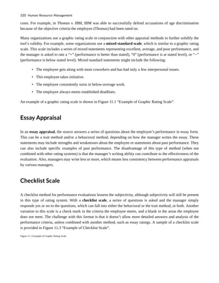 costs. For example, in Thomas v. IBM, IBM was able to successfully defend accusations of age discrimination
because of the objective criteria the employee (Thomas) had been rated on.
Many organizations use a graphic rating scale in conjunction with other appraisal methods to further solidify the
tool’s validity. For example, some organizations use a mixed standard scale, which is similar to a graphic rating
scale. This scale includes a series of mixed statements representing excellent, average, and poor performance, and
the manager is asked to rate a “+” (performance is better than stated), “0” (performance is at stated level), or “−”
(performance is below stated level). Mixed standard statements might include the following:
• The employee gets along with most coworkers and has had only a few interpersonal issues.
• This employee takes initiative.
• The employee consistently turns in below-average work.
• The employee always meets established deadlines.
An example of a graphic rating scale is shown in Figure 11.1 “Example of Graphic Rating Scale”.
Essay Appraisal
In an essay appraisal, the source answers a series of questions about the employee’s performance in essay form.
This can be a trait method and/or a behavioral method, depending on how the manager writes the essay. These
statements may include strengths and weaknesses about the employee or statements about past performance. They
can also include specific examples of past performance. The disadvantage of this type of method (when not
combined with other rating systems) is that the manager’s writing ability can contribute to the effectiveness of the
evaluation. Also, managers may write less or more, which means less consistency between performance appraisals
by various managers.
Checklist Scale
A checklist method for performance evaluations lessens the subjectivity, although subjectivity will still be present
in this type of rating system. With a checklist scale, a series of questions is asked and the manager simply
responds yes or no to the questions, which can fall into either the behavioral or the trait method, or both. Another
variation to this scale is a check mark in the criteria the employee meets, and a blank in the areas the employee
does not meet. The challenge with this format is that it doesn’t allow more detailed answers and analysis of the
performance criteria, unless combined with another method, such as essay ratings. A sample of a checklist scale
is provided in Figure 11.3 “Example of Checklist Scale”.
Figure 11.1 Example of Graphic Rating Scale
320 Human Resource Management
 