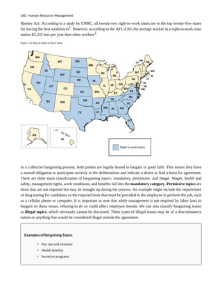 Hartley Act. According to a study by CNBC, all twenty-two right-to-work states are in the top twenty-five states
for having the best workforces1
. However, according to the AFL-CIO, the average worker in a right-to-work state
makes $5,333 less per year than other workers2
.
Figure 12.6 Map of Right-to-Work States
In a collective bargaining process, both parties are legally bound to bargain in good faith. This means they have
a mutual obligation to participate actively in the deliberations and indicate a desire to find a basis for agreement.
There are three main classification of bargaining topics: mandatory, permissive, and illegal. Wages, health and
safety, management rights, work conditions, and benefits fall into the mandatory category. Permissive topics are
those that are not required but may be brought up during the process. An example might include the requirement
of drug testing for candidates or the required tools that must be provided to the employee to perform the job, such
as a cellular phone or computer. It is important to note that while management is not required by labor laws to
bargain on these issues, refusing to do so could affect employee morale. We can also classify bargaining issues
as illegal topics, which obviously cannot be discussed. These types of illegal issues may be of a discriminatory
nature or anything that would be considered illegal outside the agreement.
Examples of Bargaining Topics
• Pay rate and structure
• Health benefits
• Incentive programs
360 Human Resource Management
 