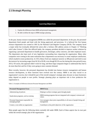 2.1 Strategic Planning
Learning Objectives
1. Explain the differences been HRM and personnel management.
2. Be able to define the steps in HRM strategic planning.
In the past, human resource management (HRM) was called the personnel department. In the past, the personnel
department hired people and dealt with the hiring paperwork and processes. It is believed the first human
resource department was created in 1901 by the National Cash Register Company (NCR). The company faced
a major strike but eventually defeated the union after a lockout. (We address unions in Chapter 12 “Working
with Labor Unions”.) After this difficult battle, the company president decided to improve worker relations by
organizing a personnel department to handle grievances, discharges, safety concerns, and other employee issues.
The department also kept track of new legislation surrounding laws impacting the organization. Many other
companies were coming to the same realization that a department was necessary to create employee satisfaction,
which resulted in more productivity. In 1913, Henry Ford saw employee turnover at 380 percent and tried to ease
the turnover by increasing wages from $2.50 to $5.00, even though $2.50 was fair during this time period (Losey,
2011). Of course, this approach didn’t work for long, and these large companies began to understand they had to
do more than hire and fire if they were going to meet customer demand.
More recently, however, the personnel department has divided into human resource management and human
resource development, as these functions have evolved over the century. HRM is not only crucial to an
organization’s success, but it should be part of the overall company’s strategic plan, because so many businesses
today depend on people to earn profits. Strategic planning plays an important role in how productive the
organization is.
Table 2.1 Examples of Differences between Personnel Management and HRM
Personnel Management Focus HRM Focus
Administering of policies Helping to achieve strategic goals through people
Stand-alone programs, such as training
HRM training programs that are integrated with company’s mission and
values
Personnel department responsible for
managing people
Line managers share joint responsibility in all areas of people hiring and
management
Creates a cost within an organization Contributes to the profit objectives of the organization
Most people agree that the following duties normally fall under HRM. Each of these aspects has its own part
within the overall strategic plan of the organization:
29
 