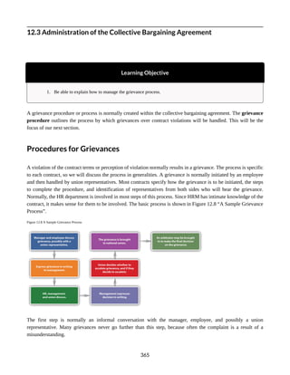 12.3 Administration of the Collective Bargaining Agreement
Learning Objective
1. Be able to explain how to manage the grievance process.
A grievance procedure or process is normally created within the collective bargaining agreement. The grievance
procedure outlines the process by which grievances over contract violations will be handled. This will be the
focus of our next section.
Procedures for Grievances
A violation of the contract terms or perception of violation normally results in a grievance. The process is specific
to each contract, so we will discuss the process in generalities. A grievance is normally initiated by an employee
and then handled by union representatives. Most contracts specify how the grievance is to be initiated, the steps
to complete the procedure, and identification of representatives from both sides who will hear the grievance.
Normally, the HR department is involved in most steps of this process. Since HRM has intimate knowledge of the
contract, it makes sense for them to be involved. The basic process is shown in Figure 12.8 “A Sample Grievance
Process”.
Figure 12.8 A Sample Grievance Process
The first step is normally an informal conversation with the manager, employee, and possibly a union
representative. Many grievances never go further than this step, because often the complaint is a result of a
misunderstanding.
365
 
