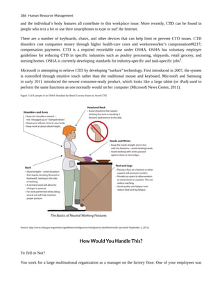 and the individual’s body features all contribute to this workplace issue. More recently, CTD can be found in
people who text a lot or use their smartphones to type or surf the Internet.
There are a number of keyboards, chairs, and other devices that can help limit or prevent CTD issues. CTD
disorders cost companies money through higher health-care costs and workersworker’s compensation#8217;
compensation payments. CTD is a required recordable case under OSHA. OSHA has voluntary employer
guidelines for reducing CTD in specific industries such as poultry processing, shipyards, retail grocery, and
nursing homes. OSHA is currently developing standards for industry-specific and task-specific jobs1
.
Microsoft is attempting to relieve CTD by developing “surface” technology. First introduced in 2007, the system
is controlled through intuitive touch rather than the traditional mouse and keyboard. Microsoft and Samsung
in early 2011 introduced the newest consumer-ready product, which looks like a large tablet (or iPad) used to
perform the same functions as one normally would on her computer (Microsoft News Center, 2011).
Figure 13.4 Example of an OSHA Standard for Retail Grocery Stores to Avoid CTD
Source: http://www.osha.gov/ergonomics/guidelines/retailgrocery/retailgrocery.html#storewide (accessed September 2, 2011).
How Would You Handle This?
To Tell or Not?
You work for a large multinational organization as a manager on the factory floor. One of your employees was
386 Human Resource Management
 
