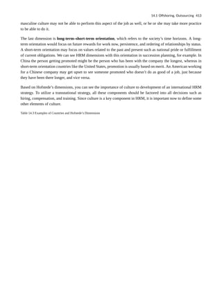 masculine culture may not be able to perform this aspect of the job as well, or he or she may take more practice
to be able to do it.
The last dimension is long-term–short-term orientation, which refers to the society’s time horizons. A long-
term orientation would focus on future rewards for work now, persistence, and ordering of relationships by status.
A short-term orientation may focus on values related to the past and present such as national pride or fulfillment
of current obligations. We can see HRM dimensions with this orientation in succession planning, for example. In
China the person getting promoted might be the person who has been with the company the longest, whereas in
short-term orientation countries like the United States, promotion is usually based on merit. An American working
for a Chinese company may get upset to see someone promoted who doesn’t do as good of a job, just because
they have been there longer, and vice versa.
Based on Hofstede’s dimensions, you can see the importance of culture to development of an international HRM
strategy. To utilize a transnational strategy, all these components should be factored into all decisions such as
hiring, compensation, and training. Since culture is a key component in HRM, it is important now to define some
other elements of culture.
Table 14.3 Examples of Countries and Hofstede’s Dimensions
14.1 Offshoring, Outsourcing 413
 