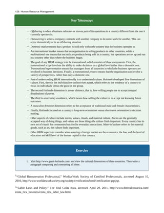 Key Takeaways
• Offshoring is when a business relocates or moves part of its operations to a country different from the one it
currently operates in.
• Outsourcing is when a company contracts with another company to do some work for another. This can
occur domestically or in an offshoring situation.
• Domestic market means that a product is sold only within the country that the business operates in.
• An international market means that an organization is selling products in other countries, while a
multinational one means that not only are products being sold in a country, but operations are set up and run
in a country other than where the business began.
• The goal of any HRM strategy is to be transnational, which consists of three components. First, the
transnational scope involves the ability to make decisions on a global level rather than a domestic one.
Transnational representation means that managers from all countries in which the business operates are
involved in business decisions. Finally, a transnational process means that the organization can involve a
variety of perspectives, rather than only a domestic one.
• Part of understanding HRM internationally is to understand culture. Hofstede developed five dimensions of
culture. First, there is the individualism-collectivism aspect, which refers to the tendency of a country to
focus on individuals versus the good of the group.
• The second Hofstede dimension is power distance, that is, how willing people are to accept unequal
distributions of power.
• The third is uncertainty avoidance, which means how willing the culture is to accept not knowing future
outcomes.
• A masculine-feminine dimension refers to the acceptance of traditional male and female characteristics.
• Finally, Hofstede focused on a country’s long-term orientation versus short-term orientation in decision
making.
• Other aspects of culture include norms, values, rituals, and material culture. Norms are the generally
accepted way of doing things, and values are those things the culture finds important. Every country has its
own set of rituals for ceremonies but also for everyday interactions. Material culture refers to the material
goods, such as art, the culture finds important.
• Other HRM aspects to consider when entering a foreign market are the economics, the law, and the level of
education and skill level of the human capital in that country.
Exercise
1. Visit http://www.geert-hofstede.com/ and view the cultural dimensions of three countries. Then write a
paragraph comparing and contrasting all three.
1
“Global Remuneration Professional,” WorldatWork Society of Certified Professionals, accessed August 10,
2010, http://www.worldatworksociety.org/society/certification/html/certification-grp.jsp.
2
“Labor Laws and Policy,” The Real Costa Rica, accessed April 29, 2011, http://www.therealcostarica.com/
costa_rica_business/costa_rica_labor_law.html.
416 Human Resource Management
 