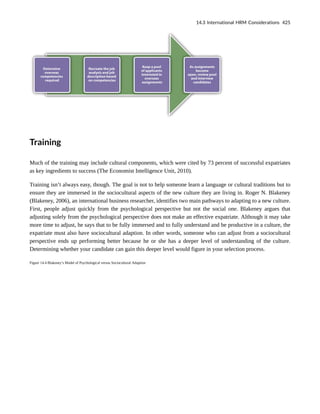 Training
Much of the training may include cultural components, which were cited by 73 percent of successful expatriates
as key ingredients to success (The Economist Intelligence Unit, 2010).
Training isn’t always easy, though. The goal is not to help someone learn a language or cultural traditions but to
ensure they are immersed in the sociocultural aspects of the new culture they are living in. Roger N. Blakeney
(Blakeney, 2006), an international business researcher, identifies two main pathways to adapting to a new culture.
First, people adjust quickly from the psychological perspective but not the social one. Blakeney argues that
adjusting solely from the psychological perspective does not make an effective expatriate. Although it may take
more time to adjust, he says that to be fully immersed and to fully understand and be productive in a culture, the
expatriate must also have sociocultural adaption. In other words, someone who can adjust from a sociocultural
perspective ends up performing better because he or she has a deeper level of understanding of the culture.
Determining whether your candidate can gain this deeper level would figure in your selection process.
Figure 14.4 Blakeney’s Model of Psychological versus Sociocultural Adaption
14.3 International HRM Considerations 425
 