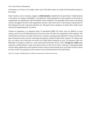 involvement as in France, for example, where some of the labor unions are closely tied with political parties in
the country.
Some countries, such as Germany, engage in codetermination, mandated by the government. Codetermination
is the practice of company shareholders’ and employees’ being represented in equal numbers on the boards of
organizations, for organizations with five hundred or more employees. The advantage of this system is the sharing
of power throughout all levels of the organization; however, some critics feel it is not the place of government to
tell companies how their corporation should be run. The goal of such a mandate is to reduce labor conflict issues
and increase bargaining power of workers.
Taxation of expatriates is an important aspect of international HRM. Of course, taxes are different in every
country, and it is up to the HR professional to know how taxes will affect the compensation of the expatriate. The
United States has income tax treaties with forty-two countries, meaning taxing authorities of treaty countries can
share information (such as income and foreign taxes paid) on residents living in other countries. US citizens must
file a tax return, even if they have not lived in the United States during the tax year. US taxpayers claim over
$90 billion in foreign tax credits on a yearly basis (Internal Revenue Service, 2011). Foreign tax credits allow
expatriates working abroad to claim taxes paid overseas on their US tax forms, reducing or eliminating double
taxation. Many organizations with expatriate workers choose to enlist the help of tax accountants for their workers
to ensure workers are paying the correct amount of taxes both abroad and in the United States.
Table 14.7 Examples of HRM-Related Law Differences between the United States and China
434 Human Resource Management
 