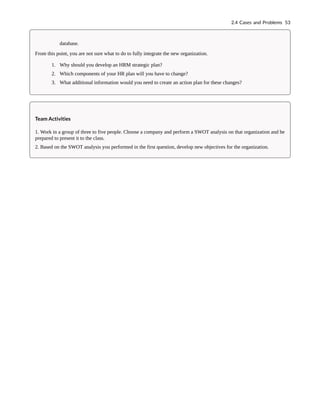 database.
From this point, you are not sure what to do to fully integrate the new organization.
1. Why should you develop an HRM strategic plan?
2. Which components of your HR plan will you have to change?
3. What additional information would you need to create an action plan for these changes?
Team Activities
1. Work in a group of three to five people. Choose a company and perform a SWOT analysis on that organization and be
prepared to present it to the class.
2. Based on the SWOT analysis you performed in the first question, develop new objectives for the organization.
2.4 Cases and Problems 53
 