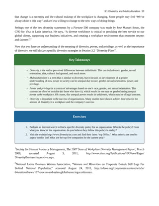 that change is a necessity and the cultural makeup of the workplace is changing. Some people may feel “We’ve
always done it this way” and are less willing to change to the new ways of doing things.
Perhaps one of the best diversity statements by a Fortune 500 company was made by Jose Manuel Souto, the
CFO for Visa in Latin America. He says, “A diverse workforce is critical to providing the best service to our
global clients, supporting our business initiatives, and creating a workplace environment that promotes respect
and fairness2
.”
Now that you have an understanding of the meaning of diversity, power, and privilege, as well as the importance
of diversity, we will discuss specific diversity strategies in Section 3.2 “Diversity Plans”.
Key Takeaways
• Diversity is the real or perceived differences between individuals. This can include race, gender, sexual
orientation, size, cultural background, and much more.
• Multiculturalism is a term that is similar to diversity, but it focuses on development of a greater
understanding of how power in society can be unequal due to race, gender, sexual orientation, power, and
privilege.
• Power and privilege is a system of advantages based on one’s race, gender, and sexual orientation. This
system can often be invisible (to those who have it), which results in one race or gender having unequal
power in the workplace. Of course, this unequal power results in unfairness, which may be of legal concern.
• Diversity is important to the success of organizations. Many studies have shown a direct link between the
amount of diversity in a workplace and the company’s success.
Exercises
1. Perform an Internet search to find a specific diversity policy for an organization. What is the policy? From
what you know of the organization, do you believe they follow this policy in reality?
2. Visit the website http://www.diversityinc.com and find their latest “top 50 list.” What criteria are used to
appear on this list? What are the top five companies for the current year?
1
Society for Human Resource Management, The 2007 State of Workplace Diversity Management Report, March
2008, accessed August 3, 2011, http://www.shrm.org/Publications/HRNews/Pages/
DiversityBusinessImperative.aspx.
2
National Latina Business Women Association, “Women and Minorities on Corporate Boards Still Lags Far
Behind National Population,” accessed August 24, 2011, http://nlbwa.org/component/content/article/
64-nationalnews/137-procon-and-asian-global-sourcing-conference.
3.1 Diversity and Multiculturalism 59
 