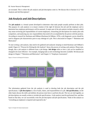 are recruited. This is where the job analysis and job description come in. We discuss this in Section 4.1.2 “Job
Analysis and Job Descriptions”.
Job Analysis and Job Descriptions
The job analysis is a formal system developed to determine what tasks people actually perform in their jobs.
The purpose of a job analysis is to ensure creation of the right fit between the job and the employee and to
determine how employee performance will be assessed. A major part of the job analysis includes research, which
may mean reviewing job responsibilities of current employees, researching job descriptions for similar jobs with
competitors, and analyzing any new responsibilities that need to be accomplished by the person with the position.
According to research by Hackman and Oldham (Hackman & Oldham, 1976), a job diagnostic survey should be
used to diagnose job characteristics prior to any redesign of a job. This is discussed in Chapter 7 “Retention and
Motivation”.
To start writing a job analysis, data need to be gathered and analyzed, keeping in mind Hackman and Oldham’s
model. Figure 4.1 “Process for Writing the Job Analysis” shows the process of writing a job analysis. Please note,
though, that a job analysis is different from a job design. Job design refers to how a job can be modified or
changed to be more effective—for example, changing tasks as new technology becomes available. We discuss job
design in Chapter 7 “Retention and Motivation” and Chapter 11 “Employee Assessment”.
Figure 4.1 Process for Writing the Job Analysis
The information gathered from the job analysis is used to develop both the job description and the job
specifications. A job description is a list of tasks, duties, and responsibilities of a job. Job specifications, on the
other hand, discuss the skills and abilities the person must have to perform the job. The two are tied together, as
job descriptions are usually written to include job specifications. A job analysis must be performed first, and then
based on that data, we can successfully write the job description and job specifications. Think of the analysis as
“everything an employee is required and expected to do.”
Figure 4.2 Sample Job Analysis Questionnaire
82 Human Resource Management
 