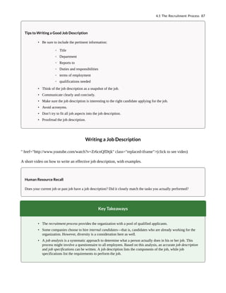 Tips to Writing a Good Job Description
• Be sure to include the pertinent information:
◦ Title
◦ Department
◦ Reports to
◦ Duties and responsibilities
◦ terms of employment
◦ qualifications needed
• Think of the job description as a snapshot of the job.
• Communicate clearly and concisely.
• Make sure the job description is interesting to the right candidate applying for the job.
• Avoid acronyms.
• Don’t try to fit all job aspects into the job description.
• Proofread the job description.
Writing a Job Description
" href="http://www.youtube.com/watch?v=Zr6cnQfDtjk" class="replaced-iframe">(click to see video)
A short video on how to write an effective job description, with examples.
Human Resource Recall
Does your current job or past job have a job description? Did it closely match the tasks you actually performed?
Key Takeaways
• The recruitment process provides the organization with a pool of qualified applicants.
• Some companies choose to hire internal candidates—that is, candidates who are already working for the
organization. However, diversity is a consideration here as well.
• A job analysis is a systematic approach to determine what a person actually does in his or her job. This
process might involve a questionnaire to all employees. Based on this analysis, an accurate job description
and job specifications can be written. A job description lists the components of the job, while job
specifications list the requirements to perform the job.
4.1 The Recruitment Process 87
 