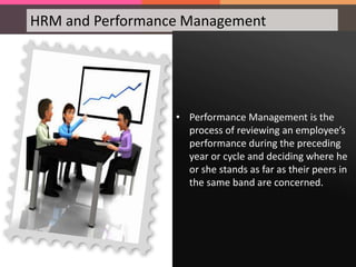 HRM and Performance Management
• Performance Management is the
process of reviewing an employee’s
performance during the preceding
year or cycle and deciding where he
or she stands as far as their peers in
the same band are concerned.
 