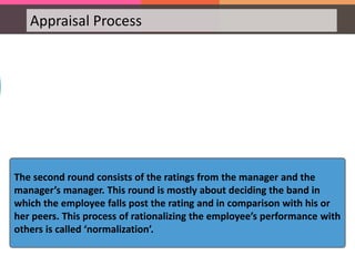 Appraisal Process
The second round consists of the ratings from the manager and the
manager’s manager. This round is mostly about deciding the band in
which the employee falls post the rating and in comparison with his or
her peers. This process of rationalizing the employee’s performance with
others is called ‘normalization’.
 
