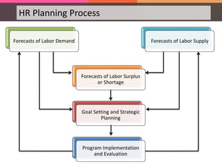 HR Planning Process
Forecasts of Labor Demand Forecasts of Labor Supply
Forecasts of Labor Surplus
or Shortage
Goal Setting and Strategic
Planning
Program Implementation
and Evaluation
 