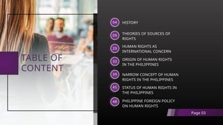 TABLE OF
CONTENT
09 THEORIES OF SOURCES OF
RIGHTS
04 HISTORY
29
HUMAN RIGHTS AS
INTERNATIONAL CONCERN
33
ORIGIN OF HUMAN RIGHTS
IN THE PHILIPPINES
39 NARROW CONCEPT OF HUMAN
RIGHTS IN THE PHILIPPINES
45 STATUS OF HUMAN RIGHTS IN
THE PHILIPPINES
Page 03
48 PHILIPPINE FOREIGN POLICY
ON HUMAN RIGHTS
 