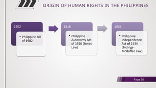 ORIGIN OF HUMAN RIGHTS IN THE PHILIPPINES
Page 36
1902
• Philippine Bill
of 1902
1916
• Philippine
Autonomy Act
of 1916 (Jones
Law)
1934
• Philippine
Independence
Act of 1934
(Tydings-
Mcduffee Law)
 