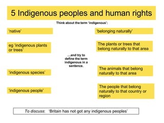 5 Indigenous peoples and human rights To discuss :  ‘Britain has not got any indigenous peoples’ Think about the term ‘indigenous’: … and try to define the term indigenous in a sentence. The plants or trees that belong naturally to that area  ‘ indigenous species’ ‘ indigenous people’ eg ‘indigenous plants or trees’ ‘ native’  The animals that belong naturally to that area The people that belong naturally to that country or region ‘ belonging naturally’ 