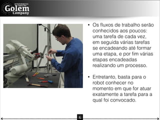 •

Os ﬂuxos de trabalho serão
conhecidos aos poucos:
uma tarefa de cada vez,
em seguida várias tarefas
se encadeando até formar
uma etapa, e por ﬁm várias
etapas encadeadas
realizando um processo.

•

Entretanto, basta para o
robot conhecer no
momento em que for atuar
exatamente a tarefa para a
qual foi convocado.

 