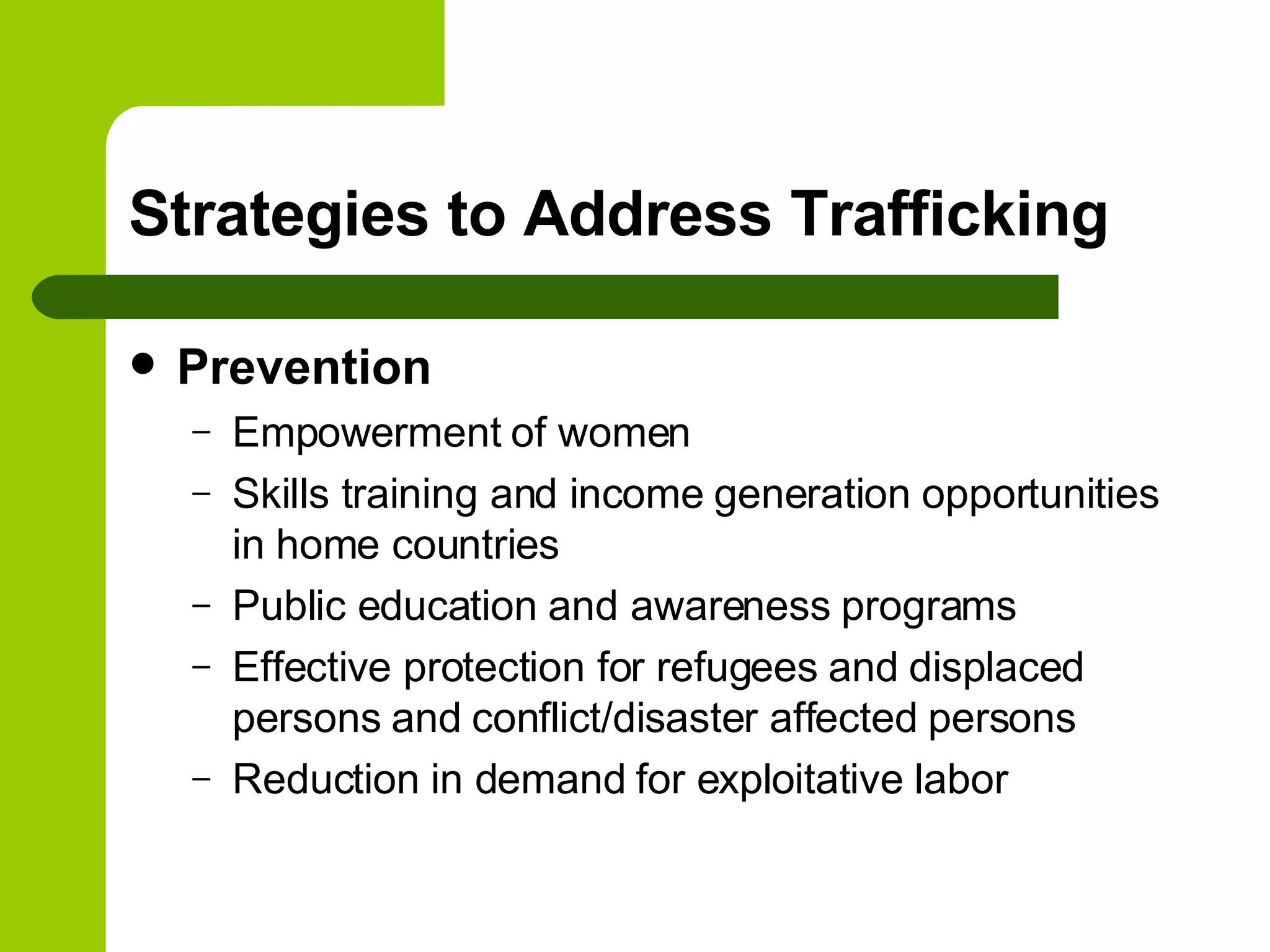 Strategies to Address Trafficking Prevention Empowerment of women Skills training and income generation opportunities in home countries Public education and awareness programs Effective protection for refugees and displaced persons and conflict/disaster affected persons Reduction in demand for exploitative labor 