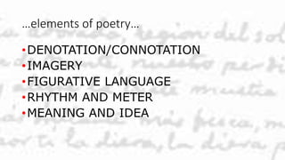 …elements of poetry…
•DENOTATION/CONNOTATION
•IMAGERY
•FIGURATIVE LANGUAGE
•RHYTHM AND METER
•MEANING AND IDEA
 