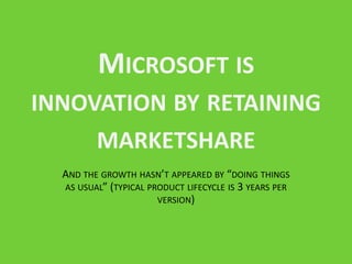 MICROSOFT IS
INNOVATION BY RETAINING
     MARKETSHARE
  AND THE GROWTH HASN’T APPEARED BY “DOING THINGS
  AS USUAL” (TYPIC...