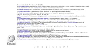 Governmental authority (Amendments 11, 16, 18, 21)
The Eleventh Amendment (1795) specifically prohibits federal courts from hearing cases in which a state is sued by an individual from another state or another
country, thus extending to the states sovereign immunity protection from certain types of legal liability.
The Sixteenth Amendment (1913) removed existing Constitutional constraints that limited the power of Congress to lay and collect taxes on income.
The Eighteenth Amendment (1919) prohibited the making, transporting, and selling of alcoholic beverages nationwide.
The Twenty-first Amendment (1933) repealed the Eighteenth Amendment and returned the regulation of alcohol to the states.
Safeguards of civil rights (Amendments 13, 14, 15, 19, 23, 24, 26)
The Thirteenth Amendment (1865) abolished slavery and involuntary servitude, except as punishment for a crime, and authorized Congress to enforce
abolition.
The Fourteenth Amendment (1868) granted United States citizenship to former slaves and to all persons "subject to U.S. jurisdiction".
The Fifteenth Amendment (1870) prohibits the use of race, color, or previous condition of servitude in determining which citizens may vote.
The Nineteenth Amendment (1920) prohibits the government from denying women the right to vote on the same terms as men.
The Twenty-third Amendment (1961) extends the right to vote in presidential elections to citizens residing in the District of Columbia by granting the
Districtelectors in the Electoral College, as if it were a state
The Twenty-fourth Amendment (1964) prohibits a poll tax for voting.
The Twenty-sixth Amendment (1971) prohibits the government from denying the right of United States citizens, eighteen years of age or older, to vote on
account of age.
Government processes and procedures (Amendments 12, 17, 20, 22, 25, 27)
The Twelfth Amendment (1804) modifies the way the Electoral College chooses the President and Vice President.
The Seventeenth Amendment (1913) modifies the way senators are elected
The Twentieth Amendment (1933) changes the date on which a new President, Vice President and Congress take office, thus shortening the time between
Election Day and the beginning of Presidential, Vice Presidential and Congressional terms
The Twenty-second Amendment (1951) limits an elected president to two terms in office, a total of eight years.
The Twenty-fifth Amendment (1967) clarifies what happens upon the death, removal, or resignation of the President or Vice President and how the Presidency
is temporarily filled if the President becomes disabled and cannot fulfill the responsibilities of the office.
The Twenty-seventh Amendment (1992) prevents members of Congress from granting themselves pay raises during the current session.
 