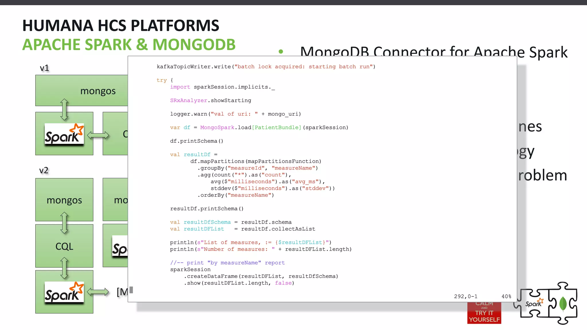 HUMANA HCS PLATFORMS
APACHE SPARK & MONGODB
mongos
CQL
mongos
CQL
[Message Pipeline]
[Message Pipeline]
mongos
[Message Pipeline]
v1
v2
• MongoDB Connector for Apache Spark
• Scalable and Resilient
• Strong Contender for ETL Jobs
• Leverages MongoDB Agg. Pipelines
• Optimized for MongoDB Topology
• Allowed us to Concentrate on Problem
• Thank you Bryan!
 