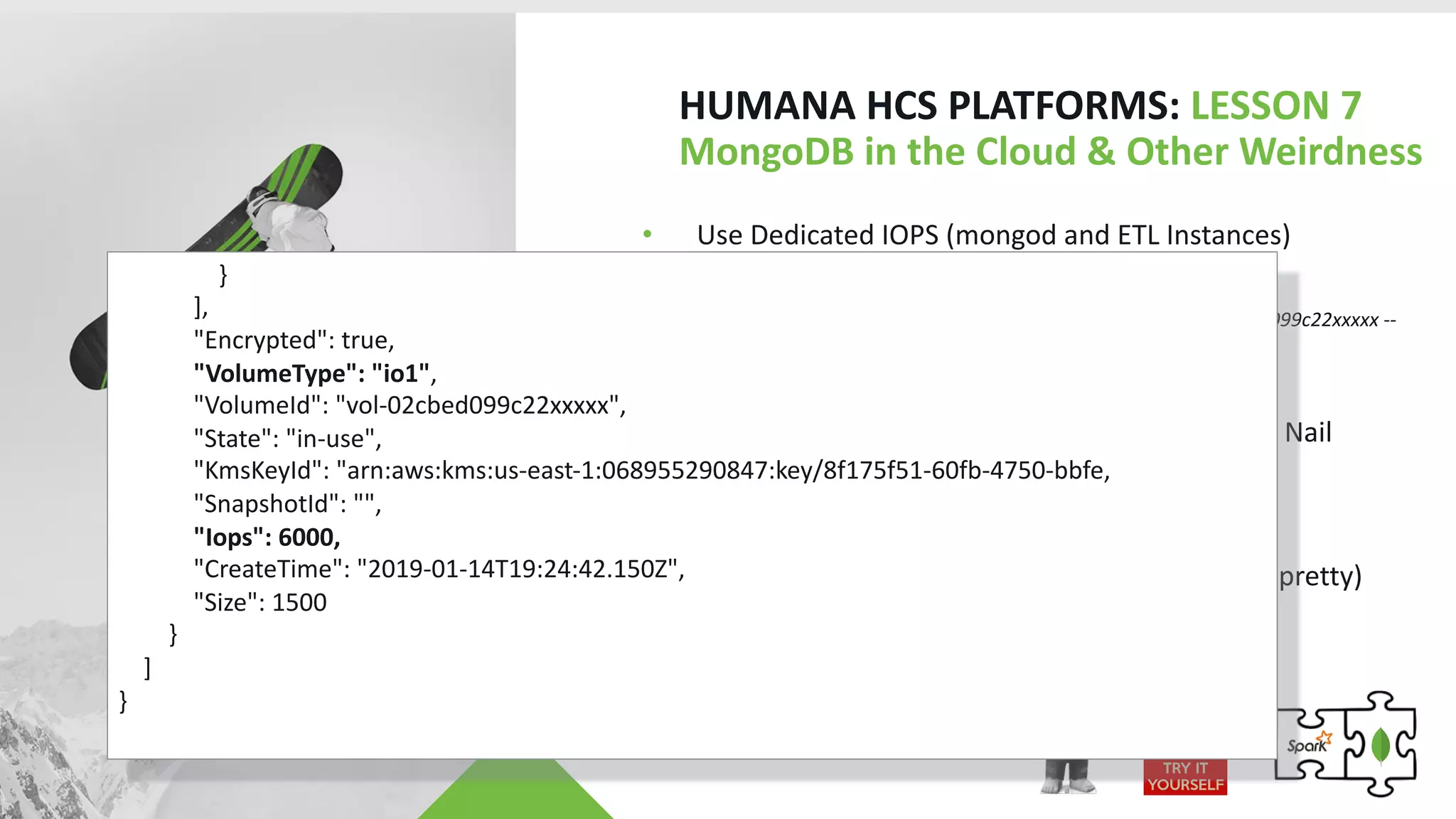 HUMANA HCS PLATFORMS: LESSON 7
MongoDB in the Cloud & Other Weirdness
• Use Dedicated IOPS (mongod and ETL Instances)
• Take Advantage of Mutable Resources
• “aws ec2 modify-volume --iops 20000 --volume-id vol-02cbed099c22xxxxx --
profile prof1 --region us-east-1”
• Keep Hyperthreading On
• When you have $match Everything Looks Like a Nail
• C++ Stream Builders Are Awesome
• Must Iterate through Iterator when Using $out
• Setting Write Concerns when NOT Writing (not pretty)
}
],
"Encrypted": true,
"VolumeType": "io1",
"VolumeId": "vol-02cbed099c22xxxxx",
"State": "in-use",
"KmsKeyId": "arn:aws:kms:us-east-1:068955290847:key/8f175f51-60fb-4750-bbfe,
"SnapshotId": "",
"Iops": 6000,
"CreateTime": "2019-01-14T19:24:42.150Z",
"Size": 1500
}
]
}
 