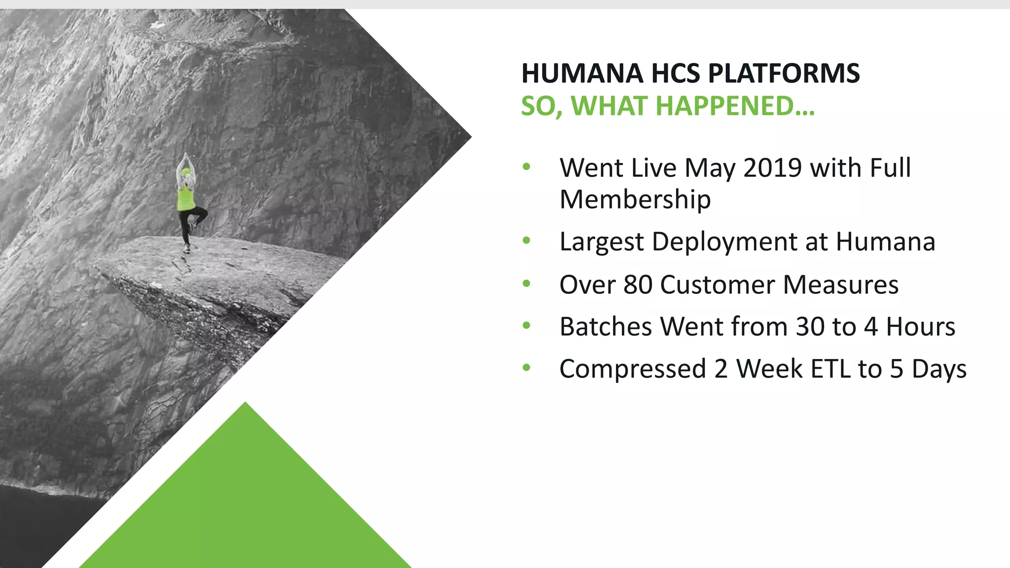 HUMANA HCS PLATFORMS
SO, WHAT HAPPENED…
• Went Live May 2019 with Full
Membership
• Largest Deployment at Humana
• Over 80 Customer Measures
• Batches Went from 30 to 4 Hours
• Compressed 2 Week ETL to 5 Days
 