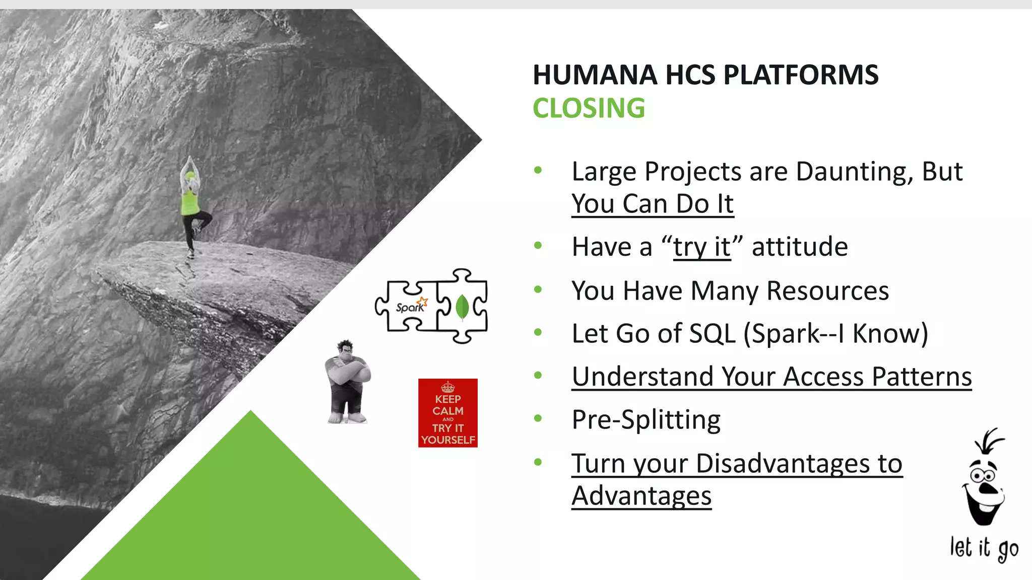 HUMANA HCS PLATFORMS
CLOSING
• Large Projects are Daunting, But
You Can Do It
• Have a “try it” attitude
• You Have Many Resources
• Let Go of SQL (Spark--I Know)
• Understand Your Access Patterns
• Pre-Splitting
• Turn your Disadvantages to
Advantages
 