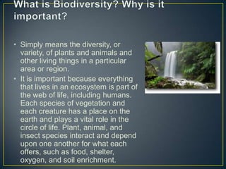 • Simply means the diversity, or
variety, of plants and animals and
other living things in a particular
area or region.
• It is important because everything
that lives in an ecosystem is part of
the web of life, including humans.
Each species of vegetation and
each creature has a place on the
earth and plays a vital role in the
circle of life. Plant, animal, and
insect species interact and depend
upon one another for what each
offers, such as food, shelter,
oxygen, and soil enrichment.
 