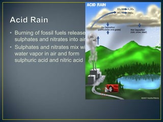 • Burning of fossil fuels releases
sulphates and nitrates into air
• Sulphates and nitrates mix with
water vapor in air and form
sulphuric acid and nitric acid
 