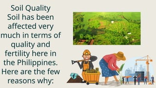 Soil Quality
Soil has been
affected very
much in terms of
quality and
fertility here in
the Philippines.
Here are the few
reasons why:
 