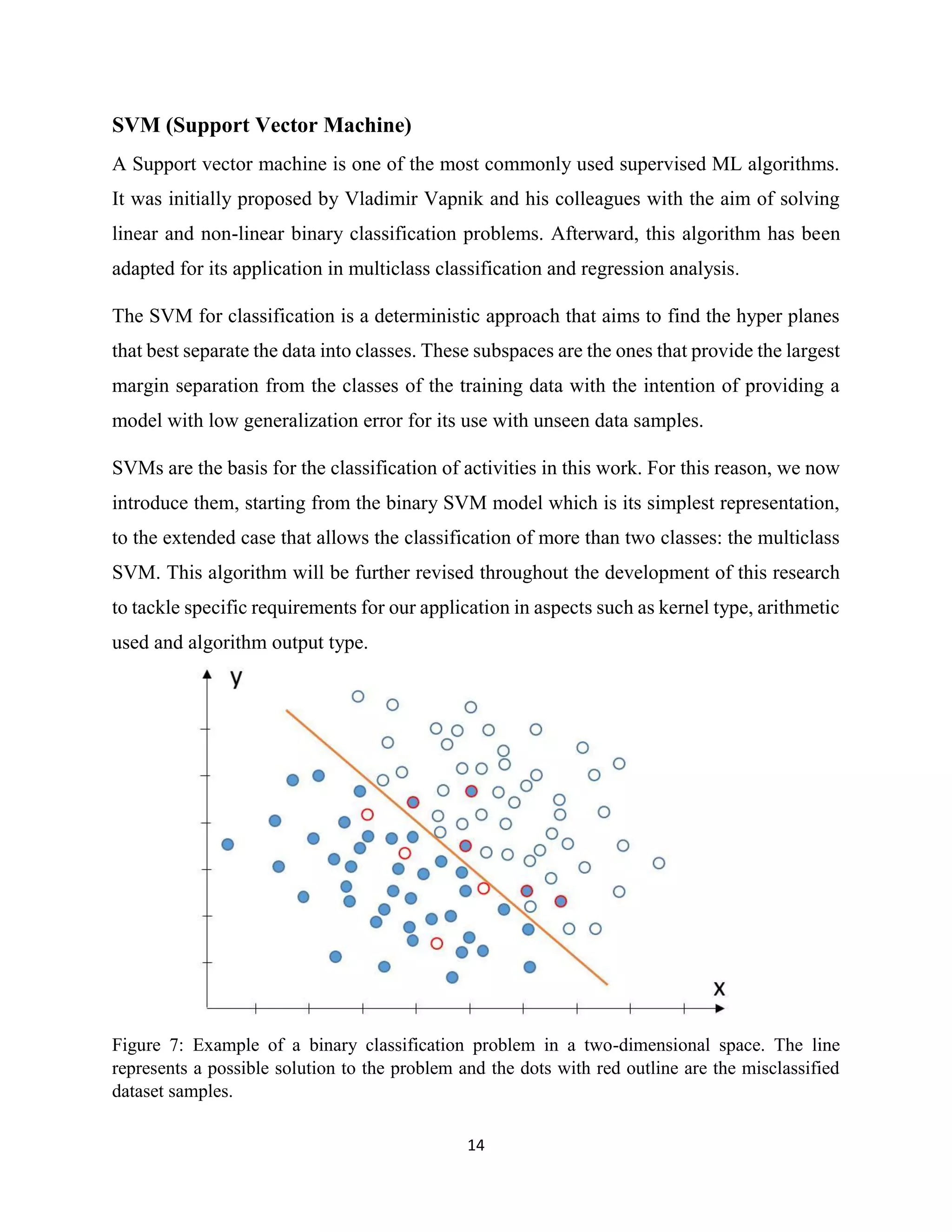14
SVM (Support Vector Machine)
A Support vector machine is one of the most commonly used supervised ML algorithms.
It was initially proposed by Vladimir Vapnik and his colleagues with the aim of solving
linear and non-linear binary classification problems. Afterward, this algorithm has been
adapted for its application in multiclass classification and regression analysis.
The SVM for classification is a deterministic approach that aims to find the hyper planes
that best separate the data into classes. These subspaces are the ones that provide the largest
margin separation from the classes of the training data with the intention of providing a
model with low generalization error for its use with unseen data samples.
SVMs are the basis for the classification of activities in this work. For this reason, we now
introduce them, starting from the binary SVM model which is its simplest representation,
to the extended case that allows the classification of more than two classes: the multiclass
SVM. This algorithm will be further revised throughout the development of this research
to tackle specific requirements for our application in aspects such as kernel type, arithmetic
used and algorithm output type.
Figure 7: Example of a binary classification problem in a two-dimensional space. The line
represents a possible solution to the problem and the dots with red outline are the misclassified
dataset samples.
 