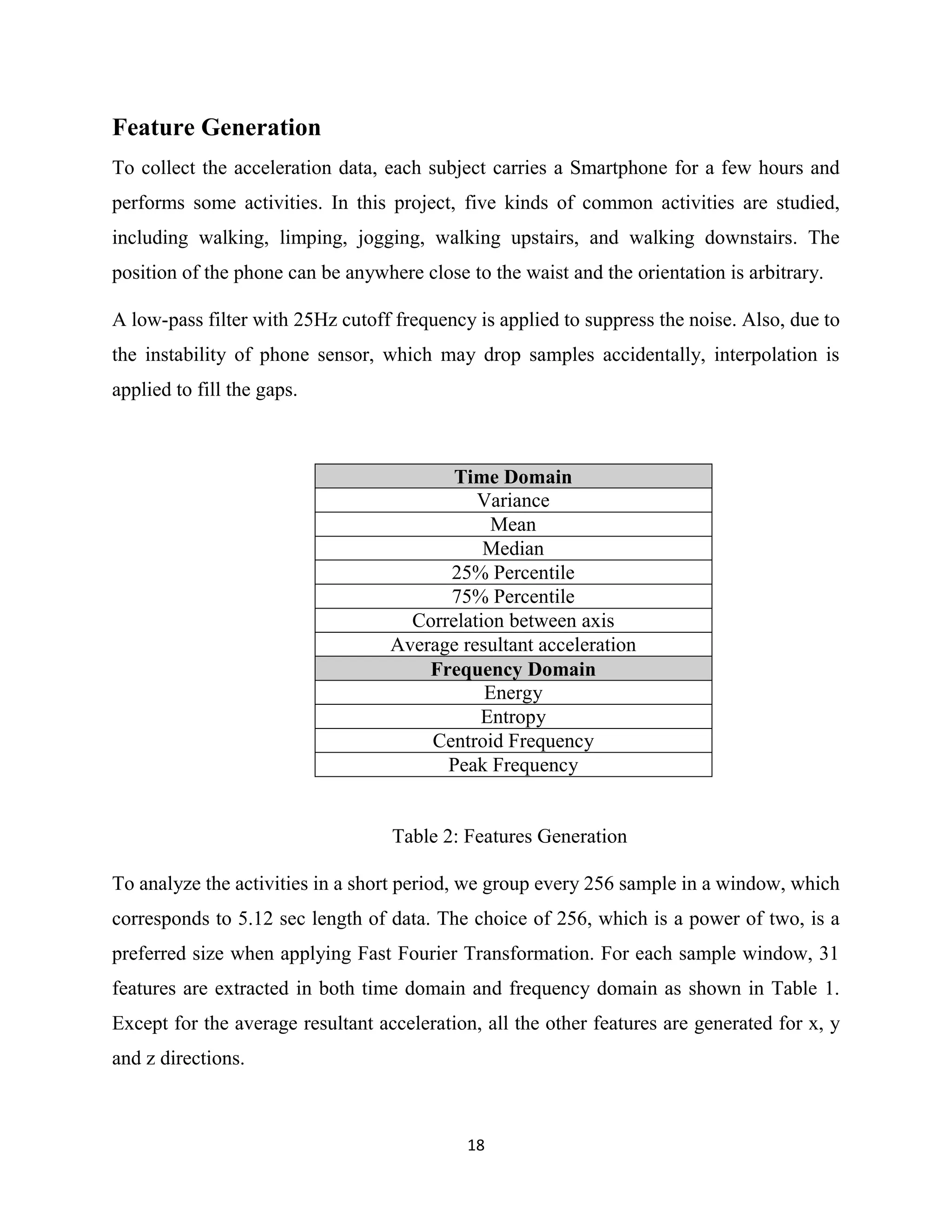 18
Feature Generation
To collect the acceleration data, each subject carries a Smartphone for a few hours and
performs some activities. In this project, five kinds of common activities are studied,
including walking, limping, jogging, walking upstairs, and walking downstairs. The
position of the phone can be anywhere close to the waist and the orientation is arbitrary.
A low-pass filter with 25Hz cutoff frequency is applied to suppress the noise. Also, due to
the instability of phone sensor, which may drop samples accidentally, interpolation is
applied to fill the gaps.
Time Domain
Variance
Mean
Median
25% Percentile
75% Percentile
Correlation between axis
Average resultant acceleration
Frequency Domain
Energy
Entropy
Centroid Frequency
Peak Frequency
Table 2: Features Generation
To analyze the activities in a short period, we group every 256 sample in a window, which
corresponds to 5.12 sec length of data. The choice of 256, which is a power of two, is a
preferred size when applying Fast Fourier Transformation. For each sample window, 31
features are extracted in both time domain and frequency domain as shown in Table 1.
Except for the average resultant acceleration, all the other features are generated for x, y
and z directions.
 