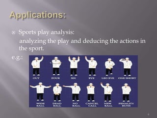   Sports play analysis:
   analyzing the play and deducing the actions in
   the sport.
e.g.:




                                                    6
 
