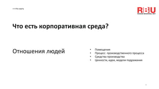 <<<На карту
Что есть корпоративная среда?
4
Отношения людей • Помещения
• Процесс производственного процесса
• Средства производства
• Ценности, идеи, модели подражания
 