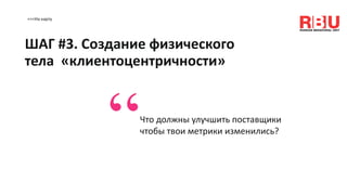 <<<На карту
ШАГ #3. Создание физического
тела «клиентоцентричности»
Что должны улучшить поставщики
чтобы твои метрики изменились?
“
 