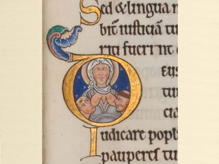 Historiated initial 'B' from the
Shaftesbury Psalter (c. 1125-1150)
• Psalter (the 'Shaftesbury Psalter') with calendar and prayers, England, 2nd
quarter of the 12th century.
• f. 15v, psalm 1:1, detail of historiated initial 'B'[eatus] of David holding a
book with standing men behind him, and below, musicians and a devil.
Ms Lansdowne 383, The British Library, London, United Kingdom.
• http://www.bl.uk/catalogues/illuminatedmanuscripts/ILLUMIN.ASP?Size=mid&IllID=11332
 