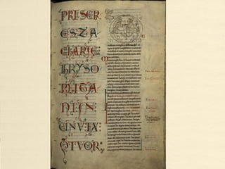 Historiated initial 'V' from
the Lambeth Bible (c.1150-1170)
• Historiated initial V[isio Ysaie], Isaiah being sawn in two -Lambeth Palace
Library MS3 f.198v .
• The Lambeth Bible, a giant illuminated Bible of the mid-twelfth century, is
one of the finest examples in this country of Romanesque book illustration
and one of the greatest treasures of Lambeth Palace Library, where it has
been since 1610. The second volume of the Bible, separated from it during
the sixteenth century and only identified in 1924, is now at Maidstone
Museum.
• MS3, Lambeth Palace Library, London.
• http://lambethpalacelibrary.files.wordpress.com/2013/05/lpt_ms3_f198v.jpg
 