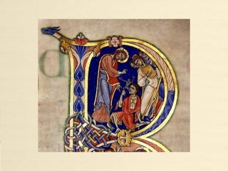 Historiated initials from the
Winchester Bible (c.1160–1175)
• The Winchester Bible is a Romanesque illuminated manuscript produced in Winchester c. 1160 -
1175. With 468 folios 583 x 396 mm., it is the largest surviving 12th-century English Bible.
Ms. 17, Winchester Cathedral Library, Winchester.
• Fol. 069, Joshua 1:1, initial E[t factum est ut post mortem Mosi], God's charge to Joshua.
• Fol.120v, Second Kings 1:1, initial P[raevaricatus] , the messengers of Elijah and Ahaziah.
• Fol.148, Jeremiah 1:1, initial V[erba Hieremiae], God touches Jeremiah’s lips with the gift of
prophecy.
• Fol.169, Lamentations 5:1, initial R[ecordare Domine],The prayer of Jeremiah.
• Fol.172, Ezekiel 1:1, initial E[t factum est], the vision of Ezekiel of the tetramorph.
• Fol.190, Daniel 1:1, initial A[nno tertio]
• Daniel 5:1, initial B[altassar rex]
• Hosea 1:1, initial V[erbum Domini], prophet Hosea preaching to the Israelites.
• Initial Letter B[eatus Vir], Blessed is the Man.•
• http://en.wikipedia.org/wiki/Winchester_Bible
• http://blog.fitnyc.edu/volumesandissues/files/2014/02/winchPwcloths.sml_.jpg
• http://www.nmct.co.uk/case-studies/winchester-cathedral
• http://www.davidscottwritings.com/CPStudyGuide6.html
• http://www.davidscottwritings.com/Winchester%20Bible2.jpg
• http://commons.wikimedia.org/wiki/File:Winchester_bible_-_02e_-_1150.jpg
• http://images-mediawiki-sites.thefullwiki.org/11/2/7/7/90730753697150396.gif
• http://freechristimages.org/prophets/Illuminated-Letter-E_Ezekiel.jpg
• http://www.lib-art.com/imgpainting/5/1/14415-winchester-bible-english-miniaturist.jpg
• http://imgc.allpostersimages.com/images/P-1200-1200-100/29/2947/V3MRD00Z/posters/initial-letter-b-beatus-vir-blessed-is-the-man-from-the-winch
 