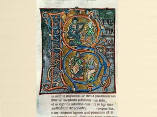 Historiated initials, from The Auct. Bible
or St. Hugh’s Bible (c.1160 - c.1180)
• ‘The Auct. Bible’ or ‘St. Hugh’s Bible’, vol. I. Parchment 515 x 365 mm
12th century, middle and c. 1180
MS. Auct. E. inf. 1, Bodleian Library, University of Oxford.
• Folio 214v, Jeremiah 1:1, initials [I]EREMIE PROFETE, [V]ERBA IEREMIE FILII
[H]ELCHIE, with entangled man, and winged fantastic animals. By ‘the Brilliant Pupil’.
• Folio 264v, Daniel 1:1, initial [A]NNO TERTIO JOAKIM REGIS JUDA, formed by lion
and dragon biting each other’s necks. Negotiating tendrils and legs, a small entangled
man carrying axe and spear. Designed by the Entangled Figures Master, painted
perhaps by his ‘Brilliant Pupil’ .
• Folio 281r, Obadiah 1:1, initial [V]ISIO ABDIAE, formed by blue tendril and
elongated entangled man.; he wears a garment painted in damp-fold style. By the
Entangled Figures Master.
• Folio 304r, Job 1:1, initial [V]IR ERAT IN TERRA HUS NOMINE IOB, Body of letter
formed by hybrid human-headed bearded creature. By the Entangled Figures Master.
• http://bodley30.bodley.ox.ac.uk:8180/luna/servlet/view/all/what/MS.+Auct.+E.+inf.+1
 